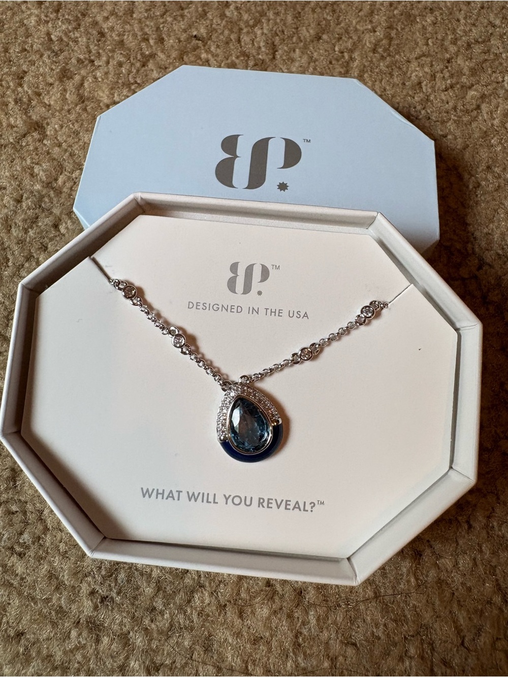 bp Silver Necklace with Blue Teardrop Crystal Pendant
